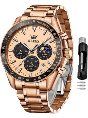 Mens Rose Gold Skeleton Stainless Steel Diamond Multi Calendar Chronograph Watch